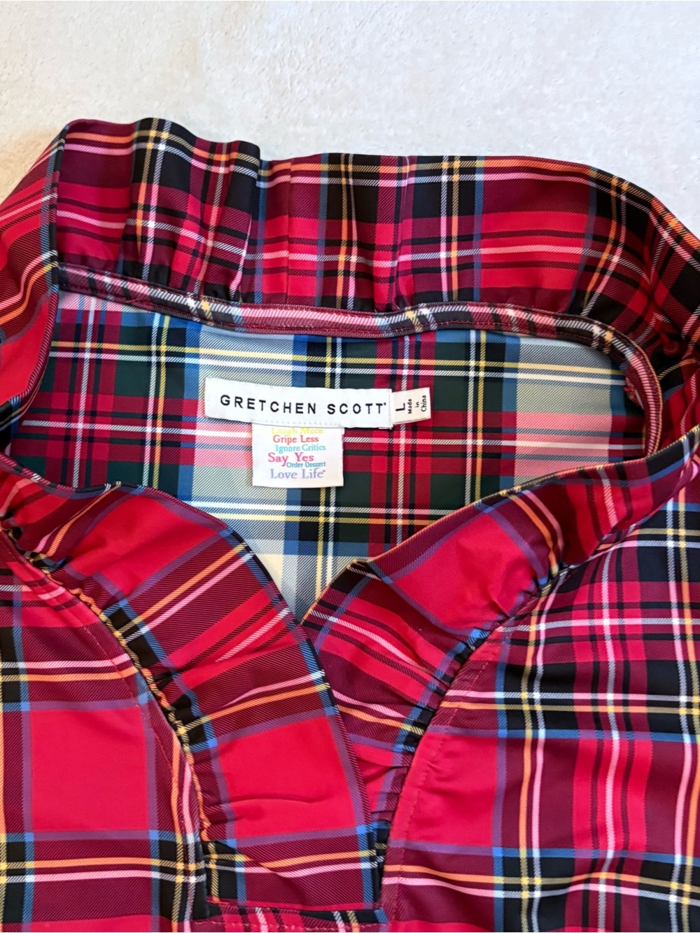 Gretchen Scott Designs Ruff Red Plaid Crossover Ruffled Collar Tunic Sz L - Picture 7 of 11